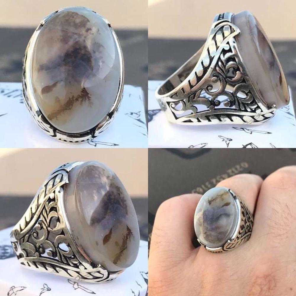 Nadir Renk Doğal Hareli Yemen Akik Taşlı 925 Ayar Gümüş Erkek Yüzük