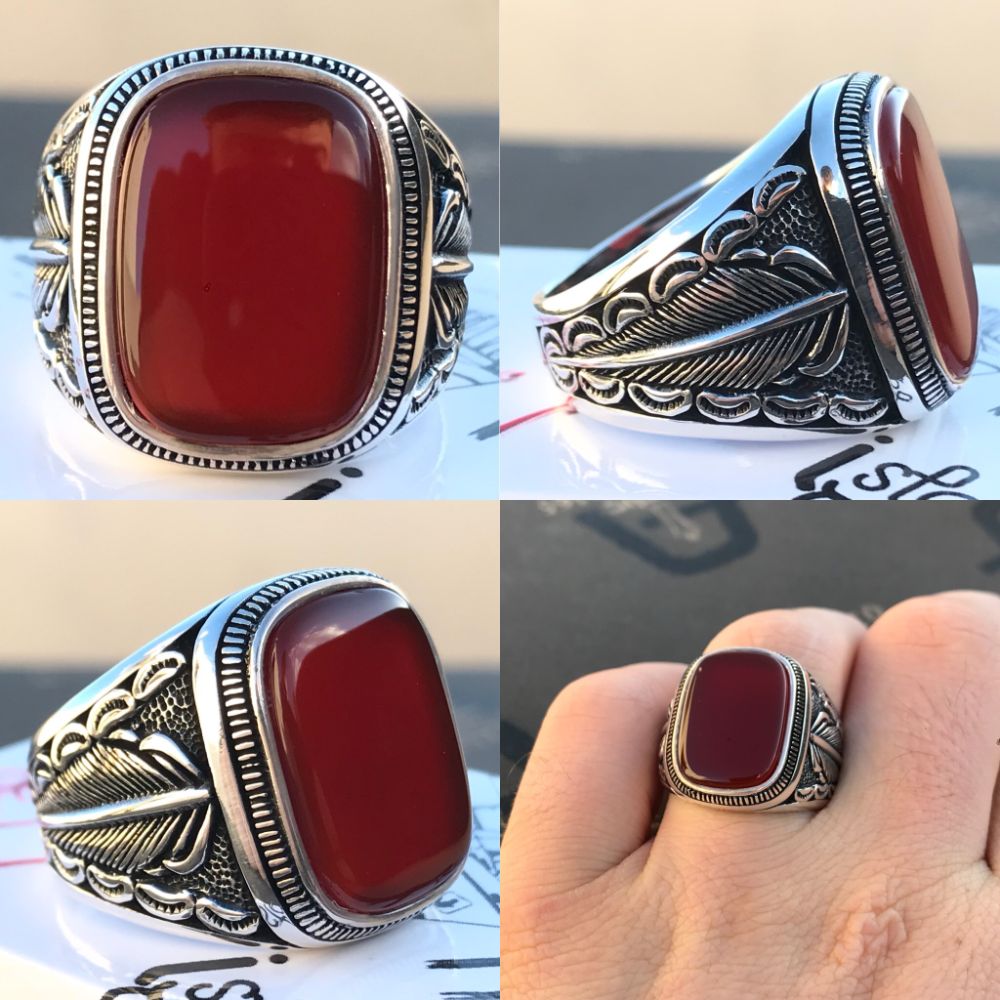 Kırmızı Akik Taşlı 925 Ayar Gümüş Erkek Yüzük