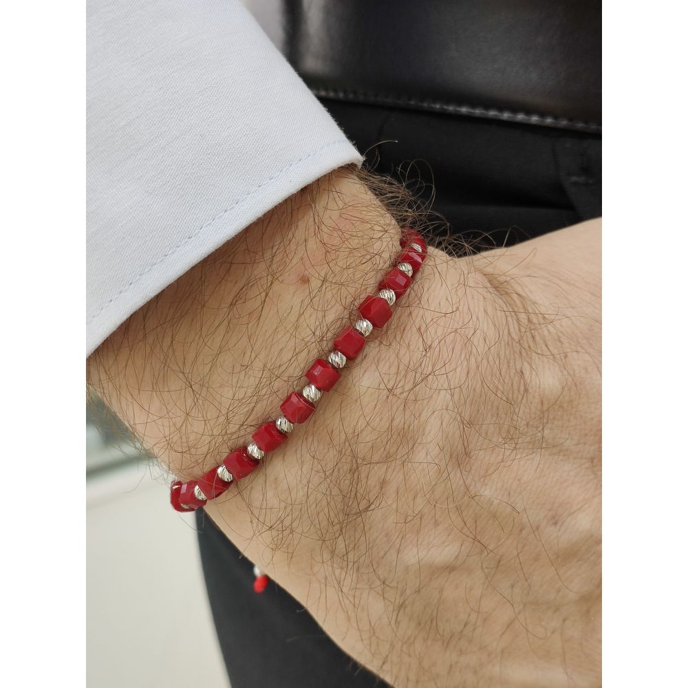 Kırmızı Kristal Taşlı 925 Ayar Gümüş Erkek Bileklik