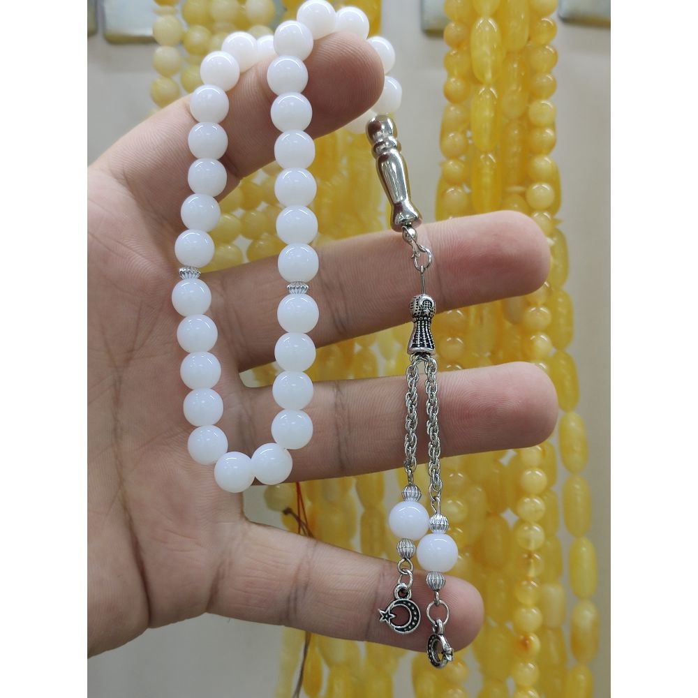 Alpaka Püsküllü Beyaz Kristal Taşlı Tesbih