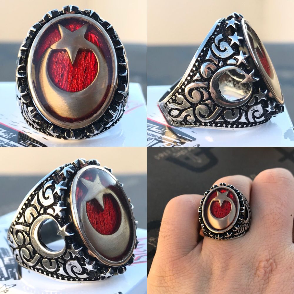 Kırmızı Mineli Ay Yıldız Motifli 925 Ayar Gümüş Erkek Yüzük