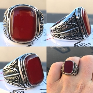 Kırmızı Akik Taşlı 925 Ayar Gümüş Erkek Yüzük